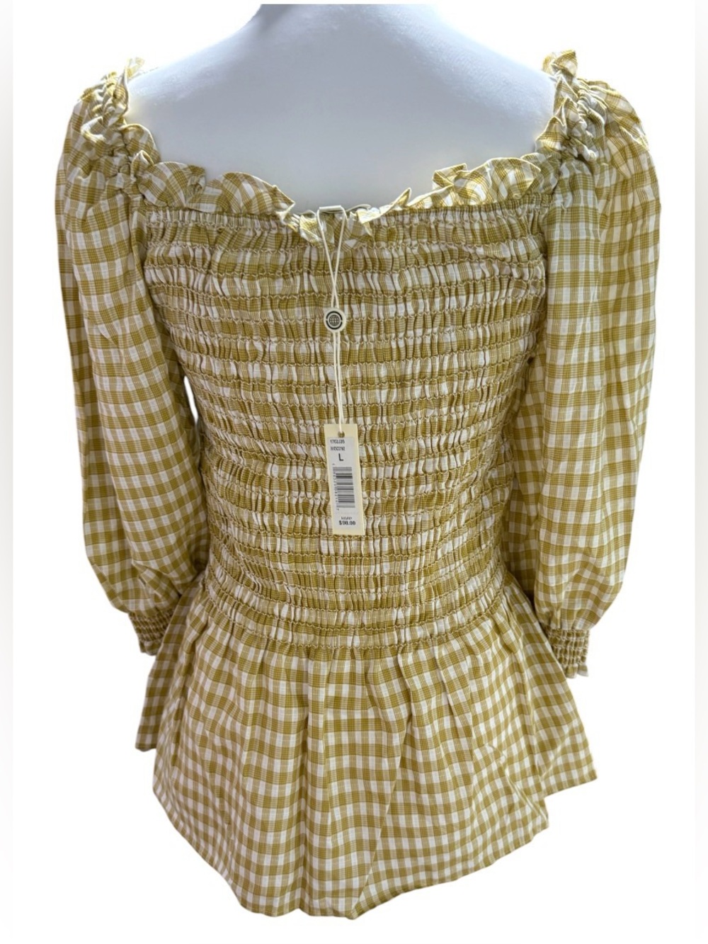 Max Studio Gingham Smocked Peplum Top Puff Sleeve Square Neck NWT  Size L - Picture 10 of 13